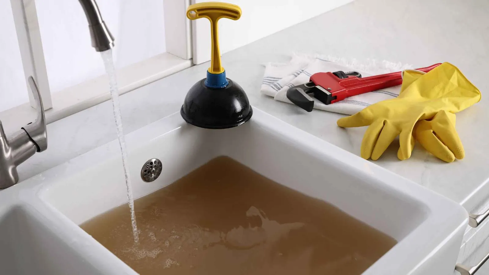 Volgelopen gootsteen met vervuild water door een rioolverstopping